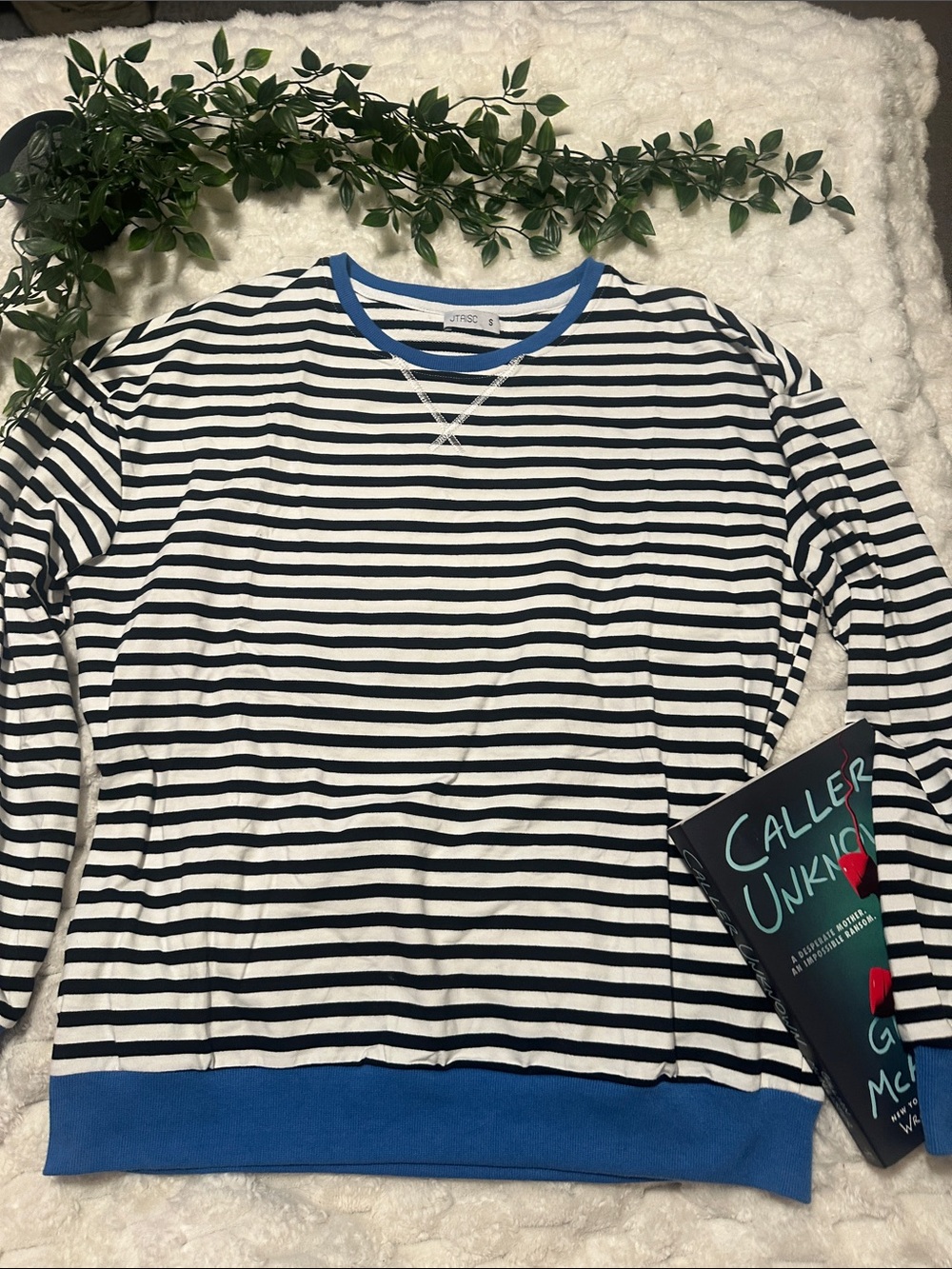 Striped Crewneck Sweater in Black & White with Blue Trim